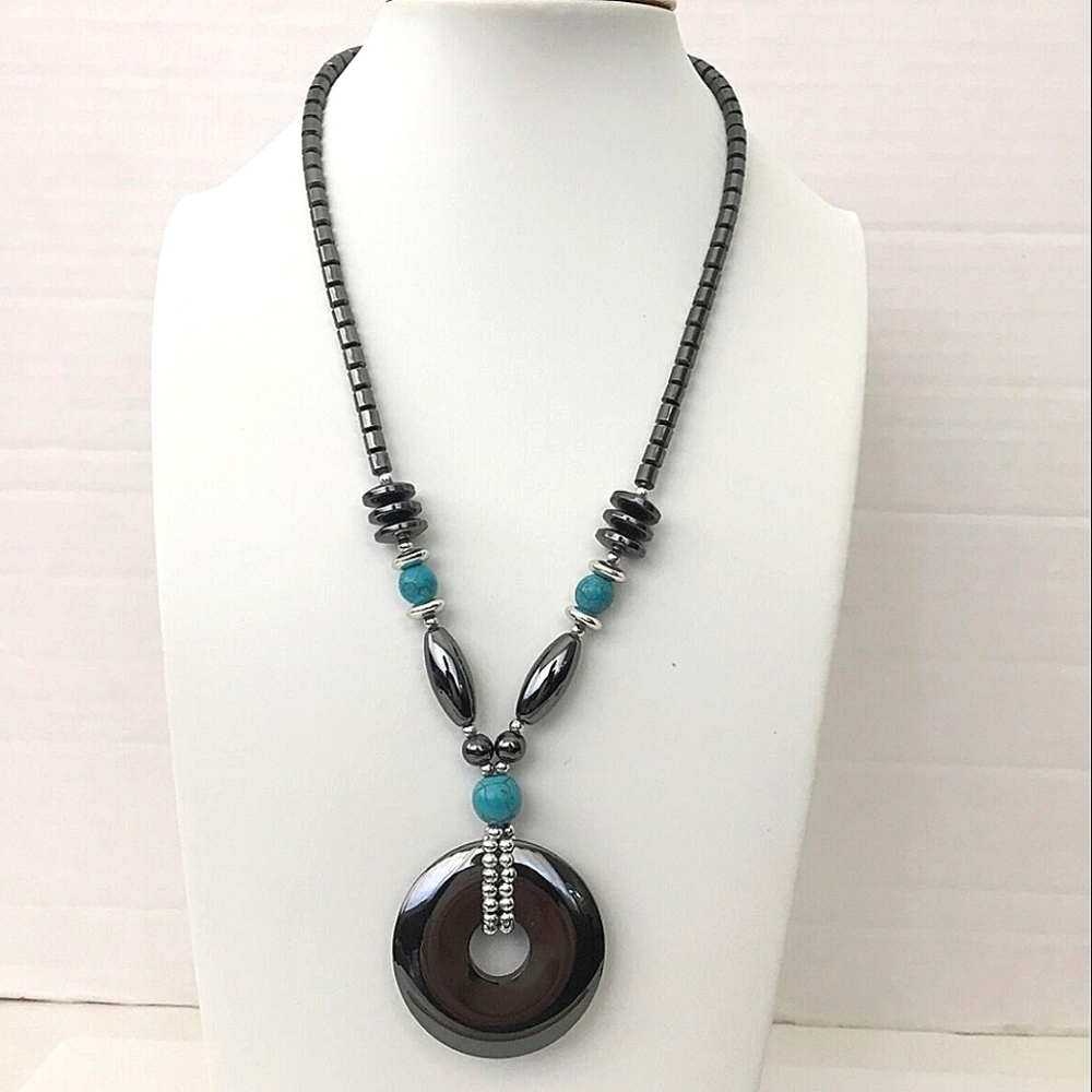 Hematite Turquoise Stainless Steel High Polish Necklace Beaded Pendant